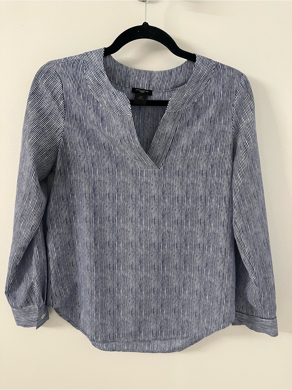 Ann Taylor Navy and White Pinstripe V-Neck Blouse